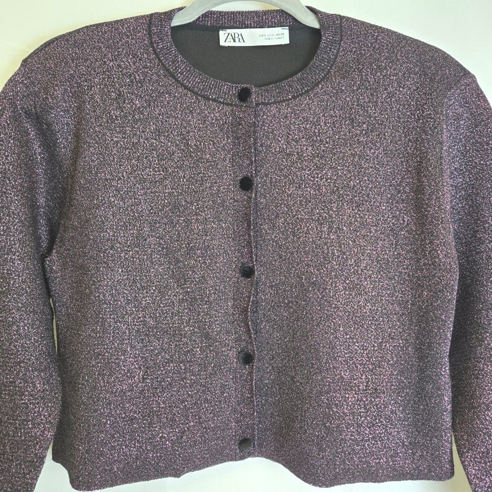 Zara Metallic Shimmer Glitter Cropped Cardigan Velvet Buttons, Purple, Small - Picture 2 of 8